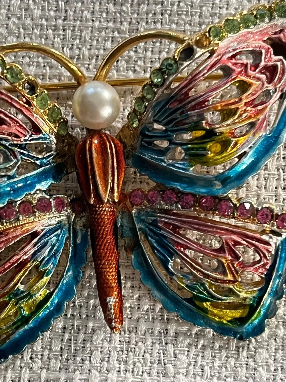 Colorful Enamel Butterfly Brooch with Pearl Accent Gold Toned Vintage